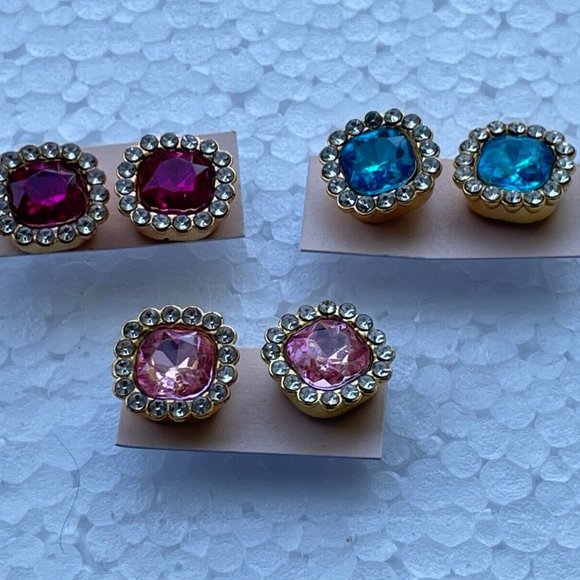Jewelry - Lot of 3 Stud Earrings Crystal Accent Ear Jewelry Fashion Earrings Pink Red Blue